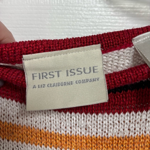 First Issue Liz Claiborne Striped Knit Sweater Tank Top Retro White Red Mustard - Picture 5 of 9